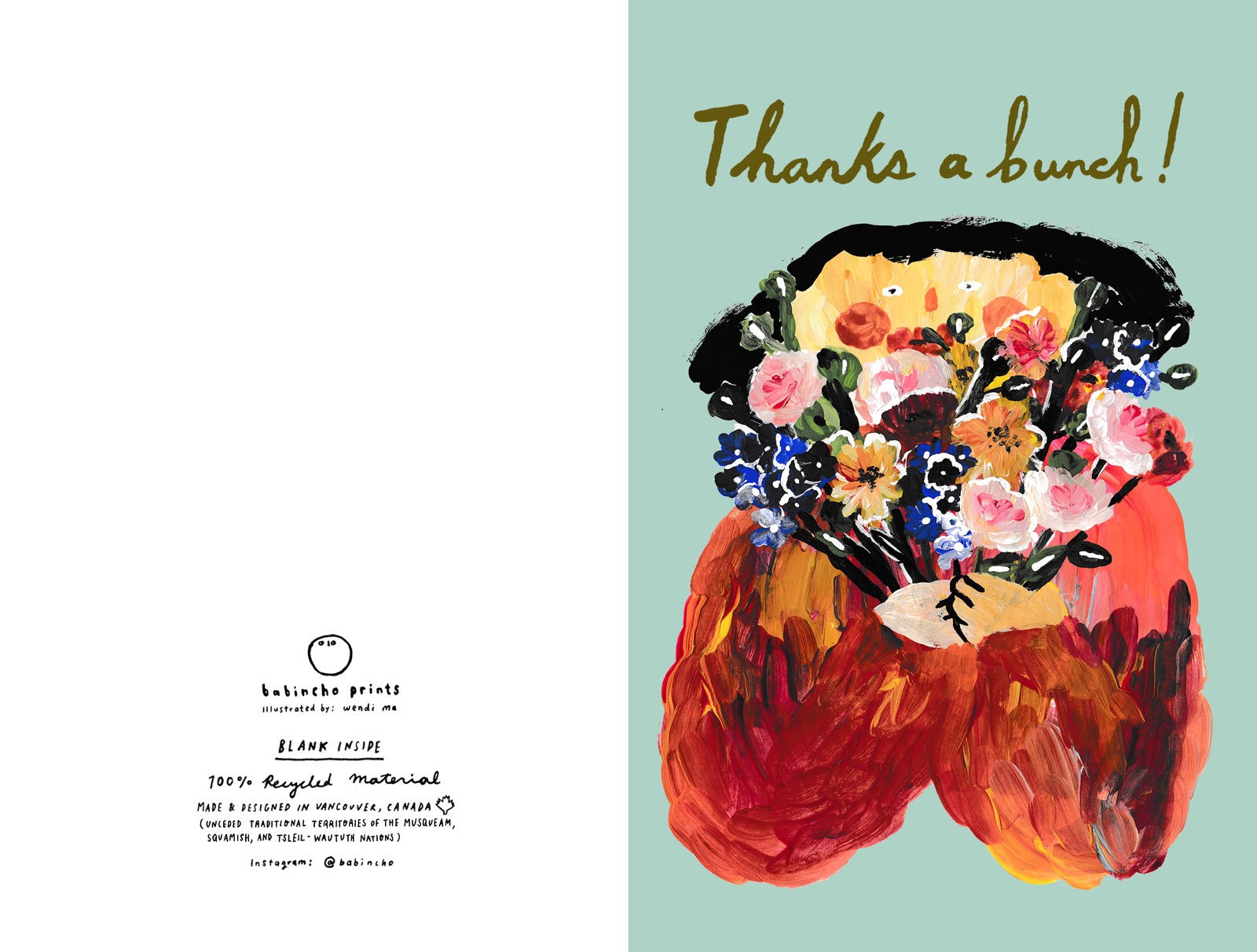 Thanks a bunch greeting card with a person carrying an overflowing bouquet