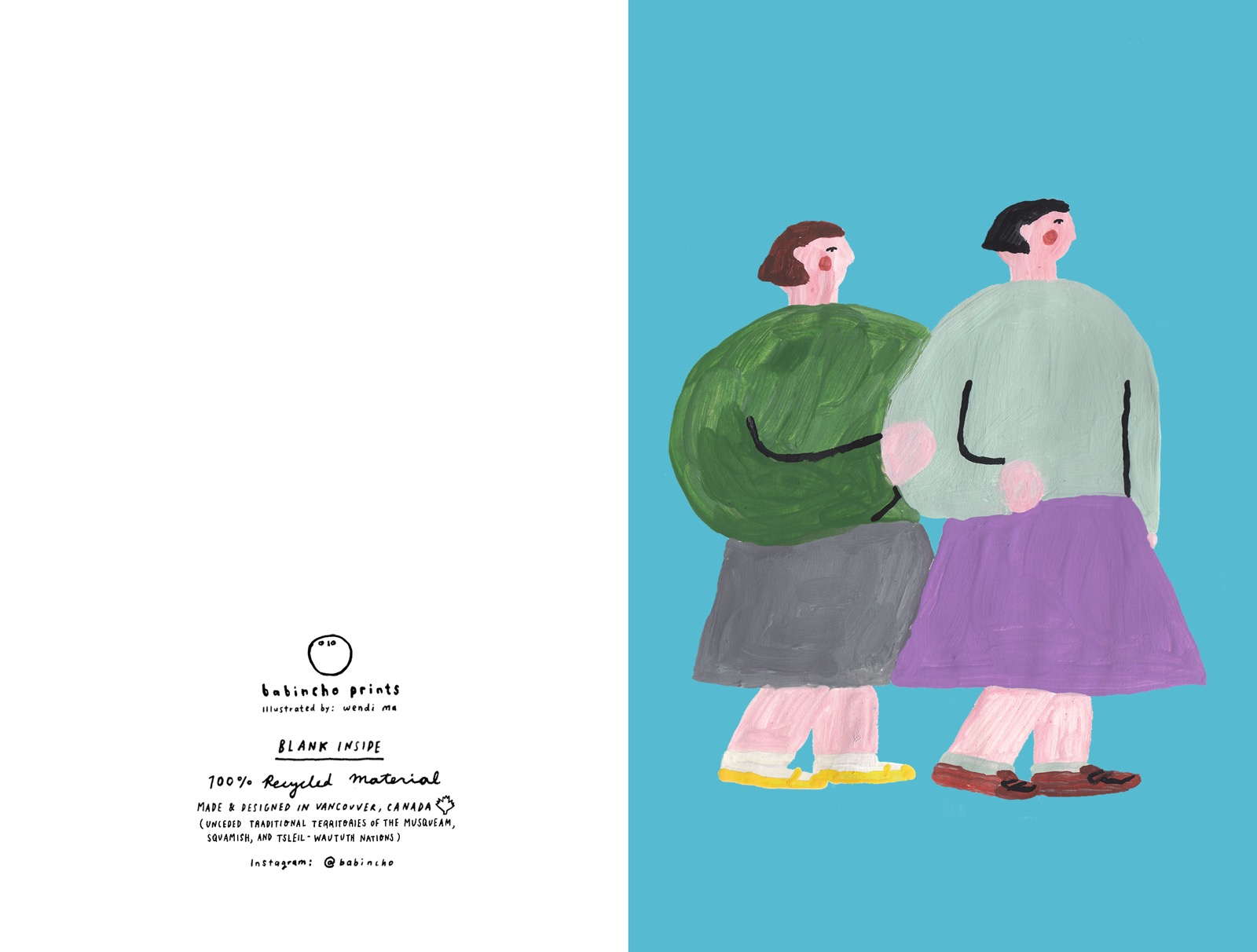 Greeting card showing two friends walking together against a blue background