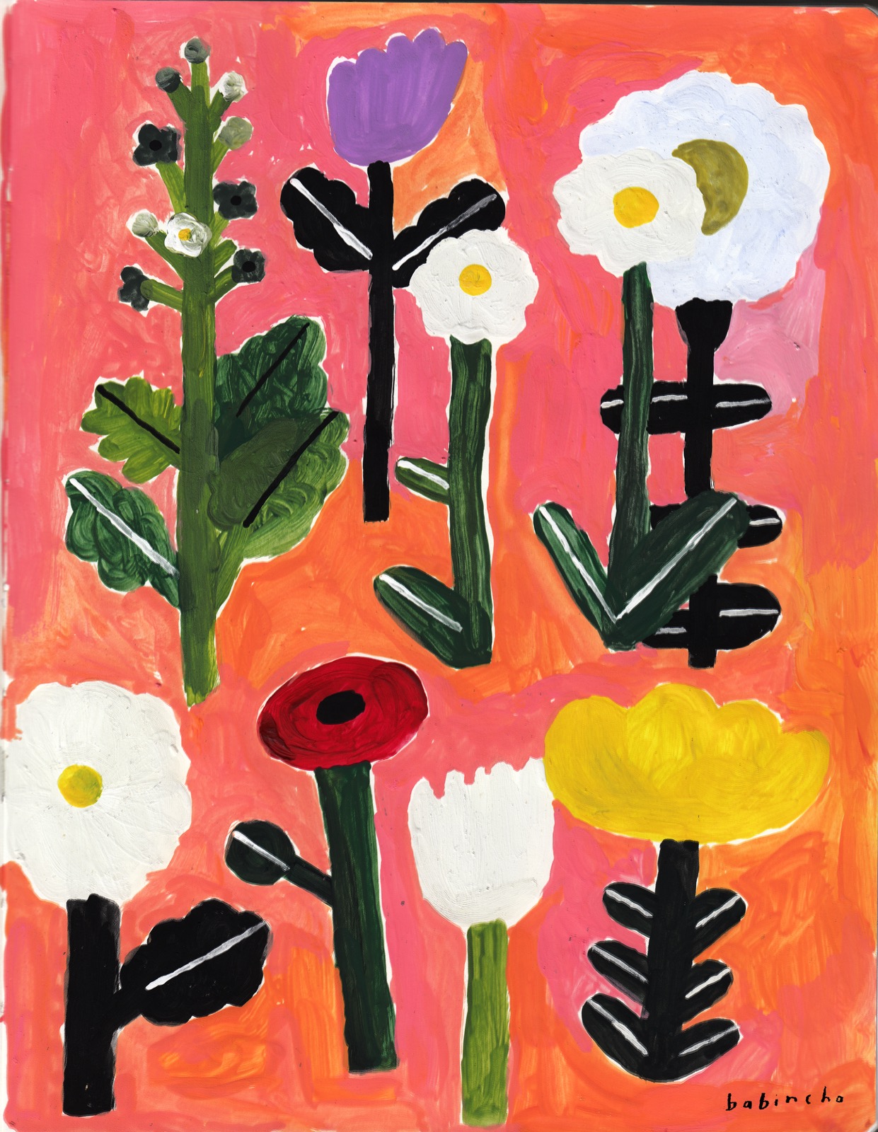 Illustrated pink flower field art print